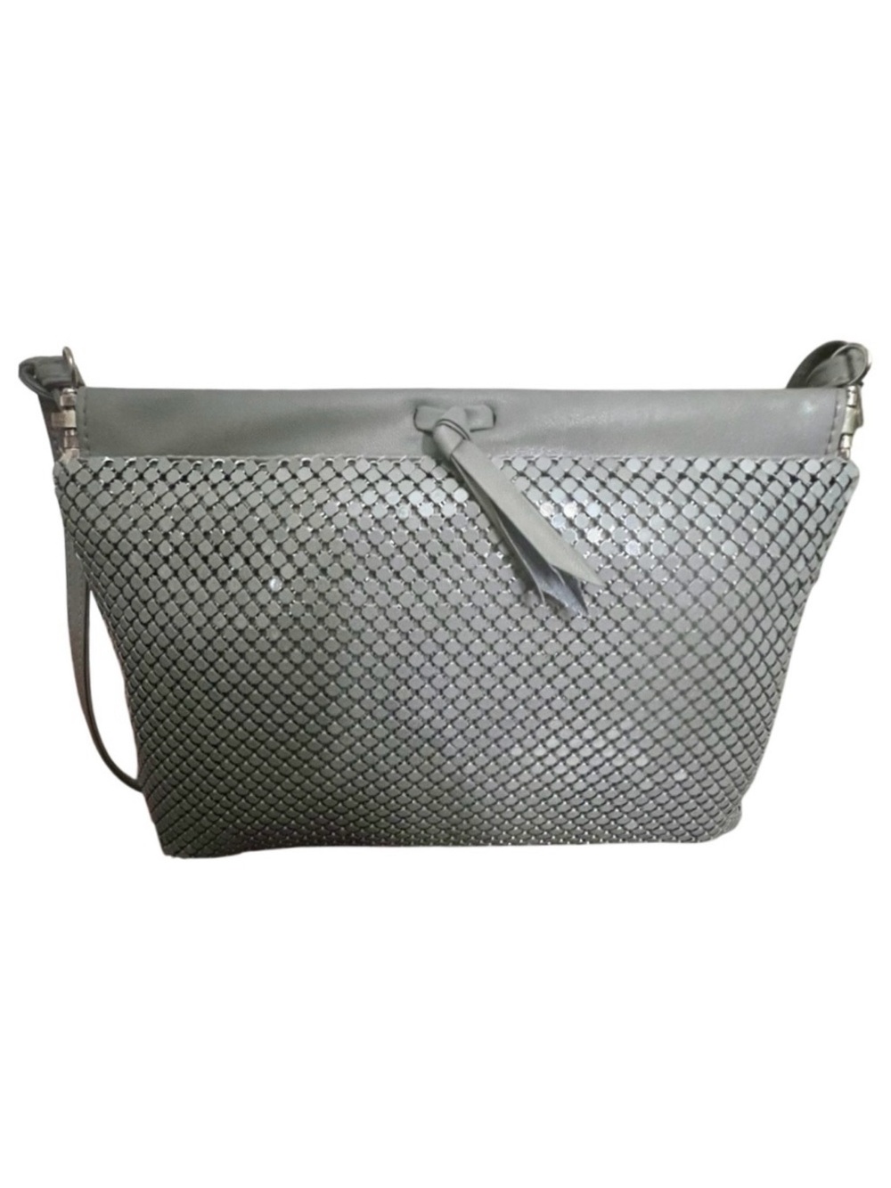 Whiting & Davis Purse Vintage 1980s gray metal mesh faux leather strap trim